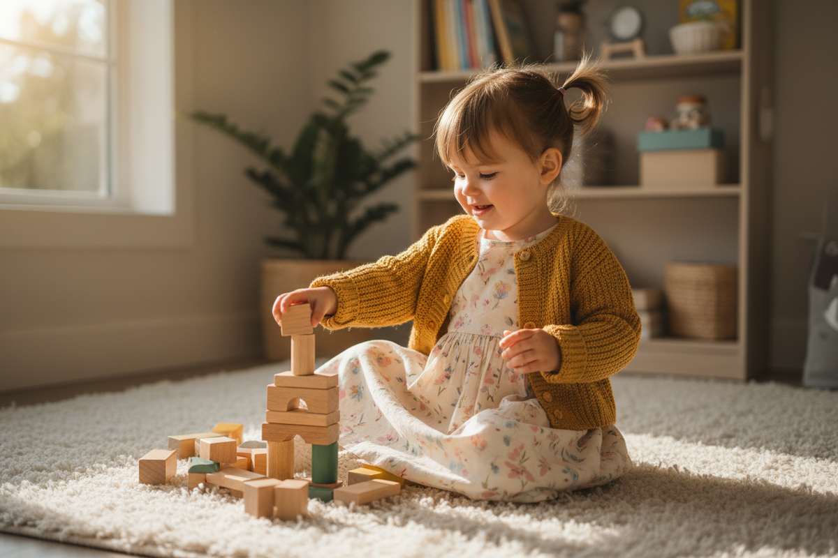 Toddler girl in floral dress and cardigan playing with wooden building blocks