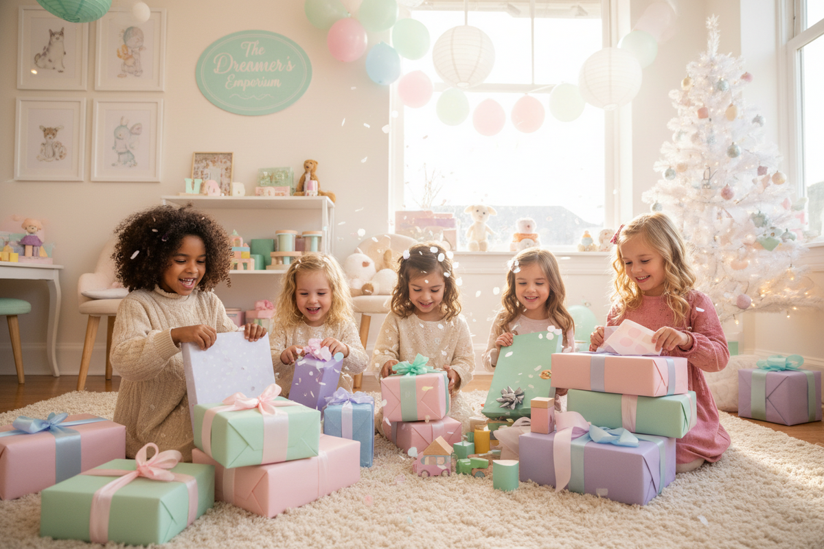 Children happily unwrapping beautifully wrapped pastel gifts