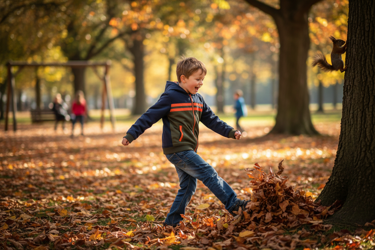 Happy boy in hoodie jacket and denim jeans playing in an autumn park
