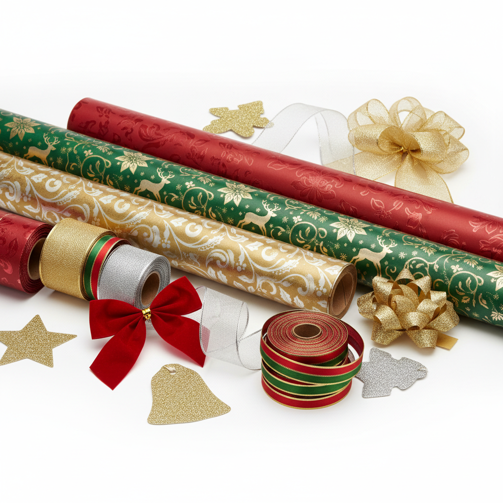 Beautiful gift wrap with festive patterns, ribbons and bows